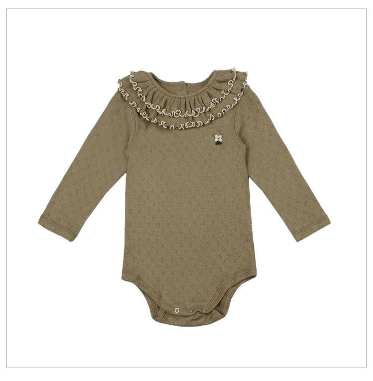 Spring Arrival Baby Girls Long Sleeves Ruffle Design Onesies Bodysuits with Simple Embroidery-2