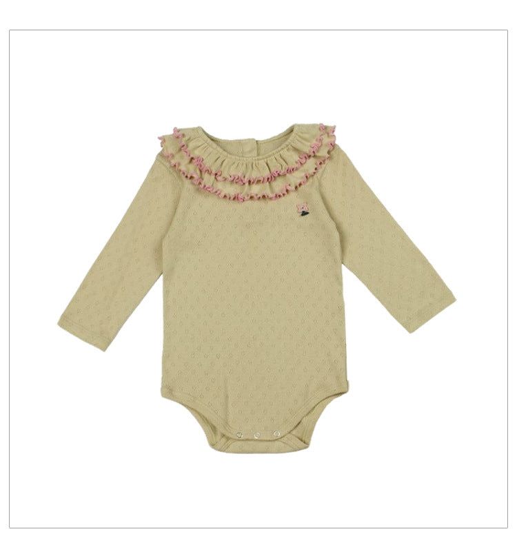 Spring Arrival Baby Girls Long Sleeves Ruffle Design Onesies Bodysuits with Simple Embroidery-3