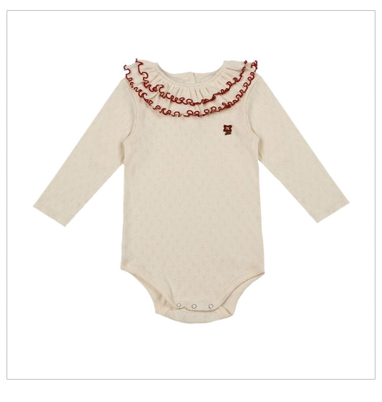 Spring Arrival Baby Girls Long Sleeves Ruffle Design Onesies Bodysuits with Simple Embroidery-4