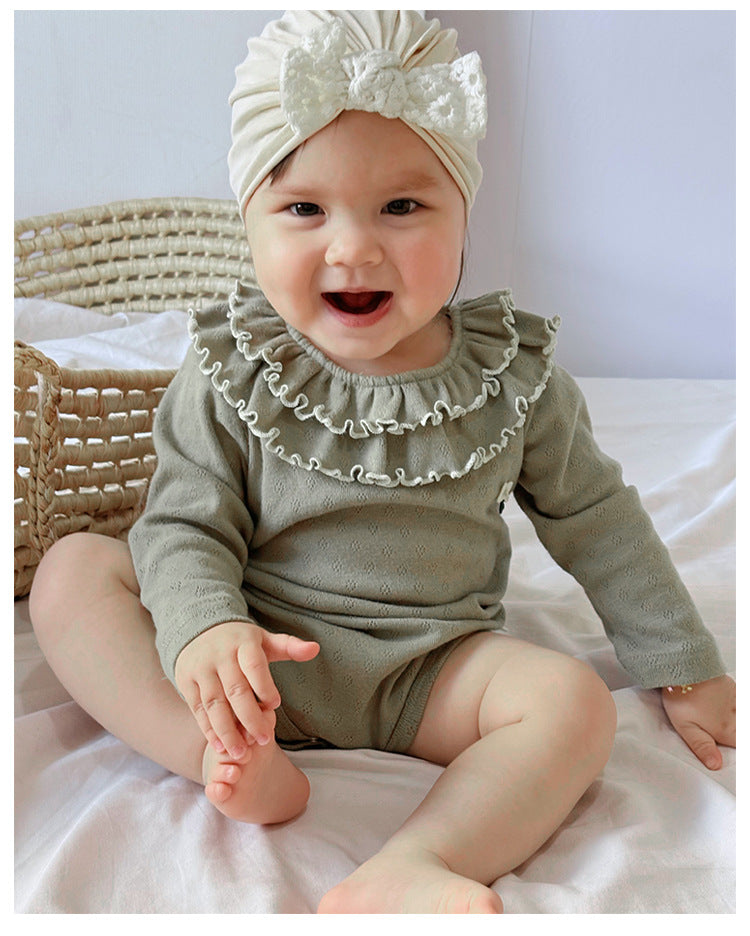 Spring Arrival Baby Girls Long Sleeves Ruffle Design Onesies Bodysuits with Simple Embroidery-0